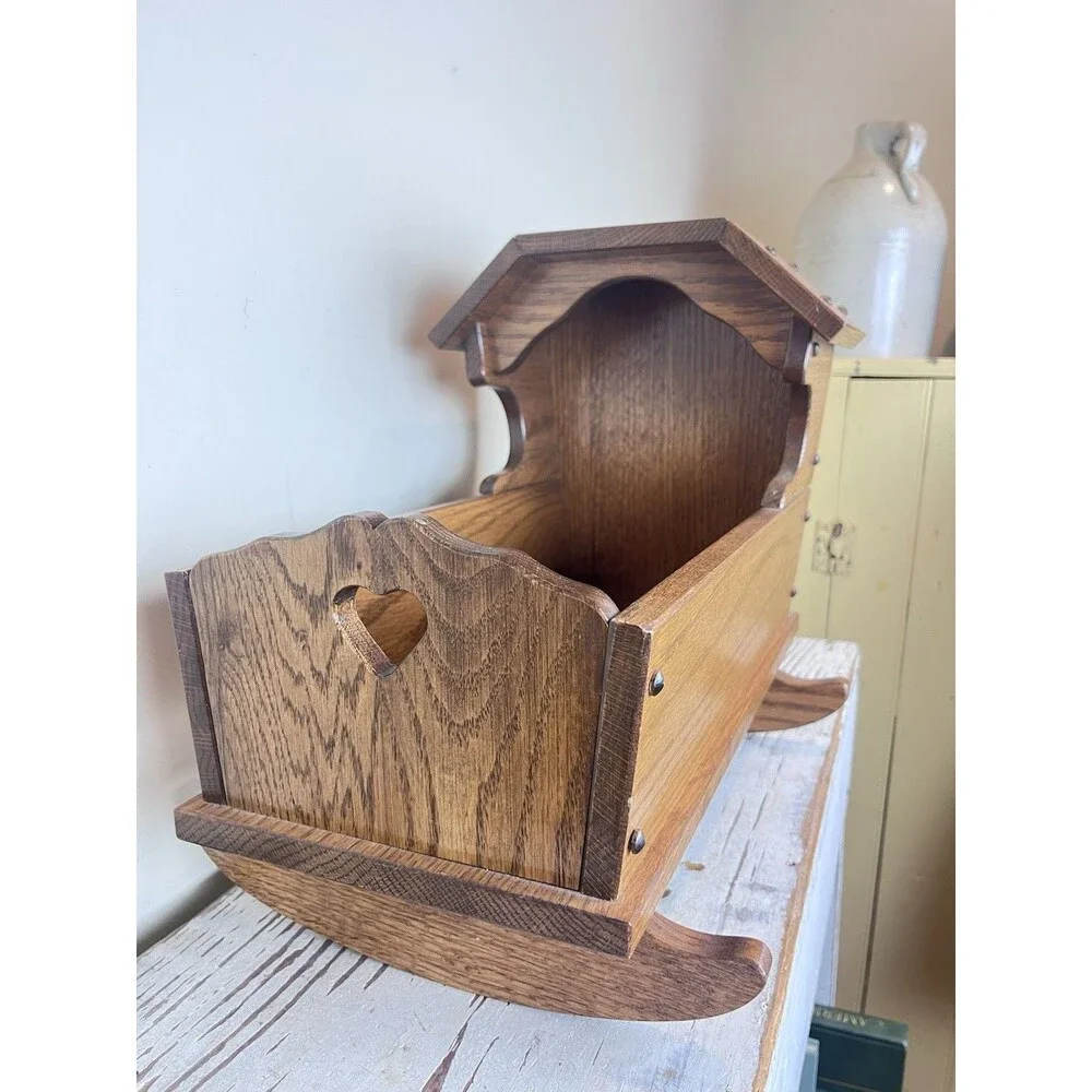 Vintage Handmade Wooden Doll Cradle Rocking Bed Folk Art Primitive Toy Country